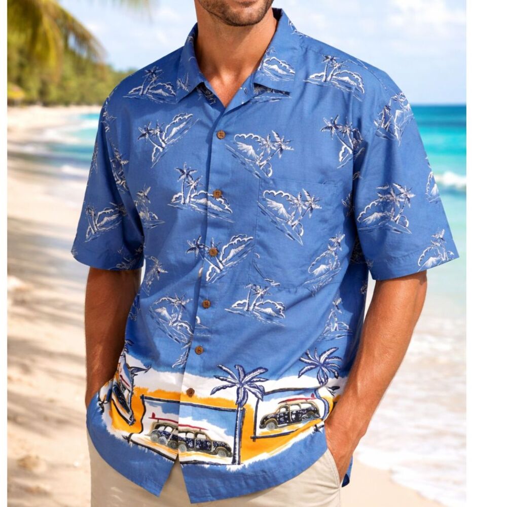 Vintage Rountree & Yorke Blue Surf Beach Cotton Hawaiian Shirt Men's Size L
